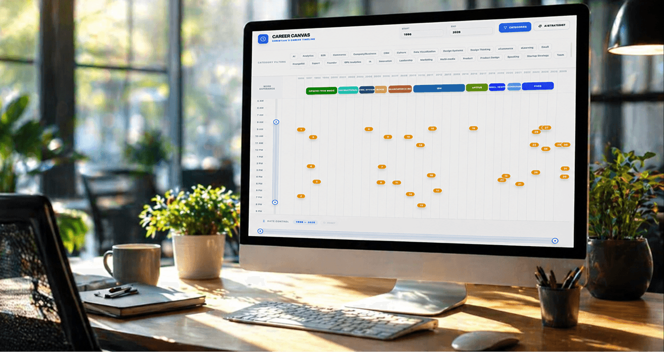 Career Timeline Pro on a desktop: an interactive timeline of roles, education, and achievements laid out across the years.