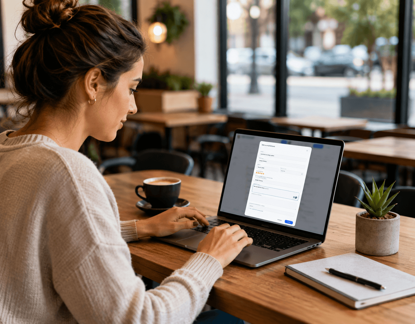 A job candidate building her Career Timeline Pro profile on a laptop at a café.