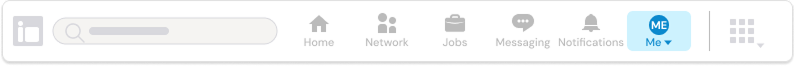 LinkedIn top navigation with the Me avatar menu highlighted.