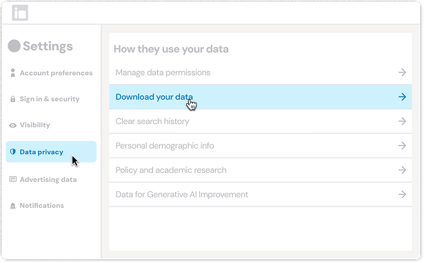 LinkedIn Data privacy settings with “Download your data” highlighted.
