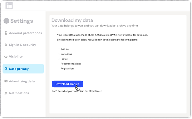 LinkedIn “Download my data” screen with the Download archive button.