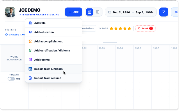 Career Timeline Pro Add menu with “Import from LinkedIn” highlighted.