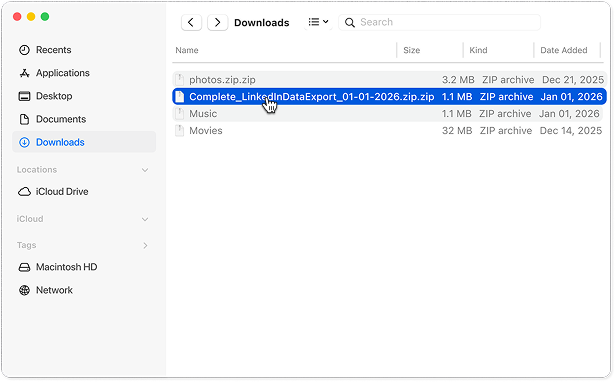 A Downloads folder with the LinkedIn data-export zip selected.