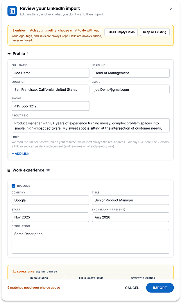 The Review your LinkedIn import screen with the per-entry merge choices.